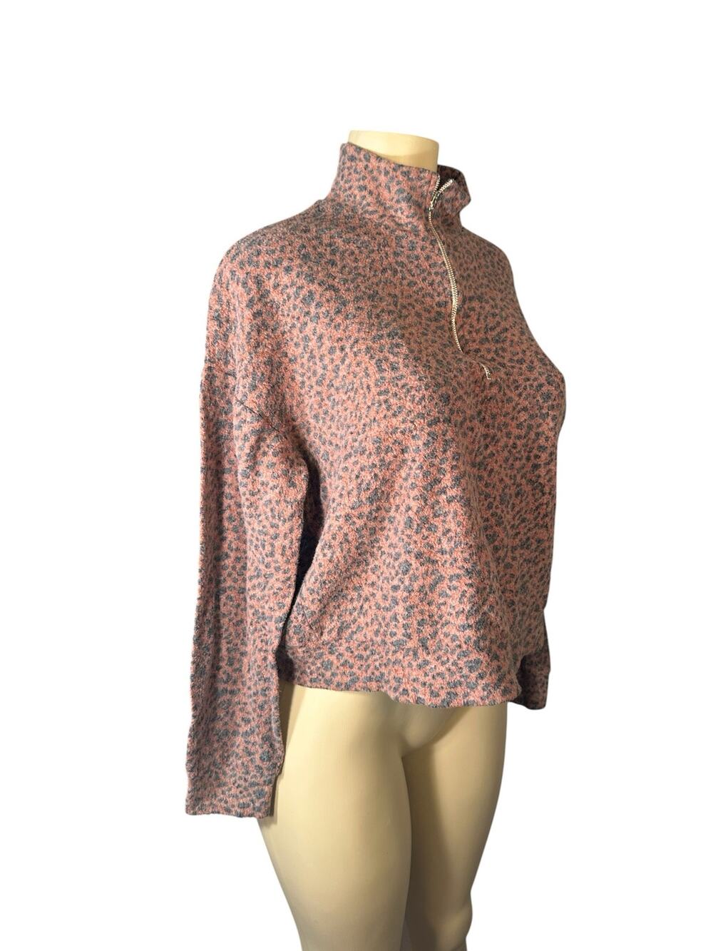 Women XS Monrow Half Zip Brown Animal Print Pullover Sweater Top Super Soft